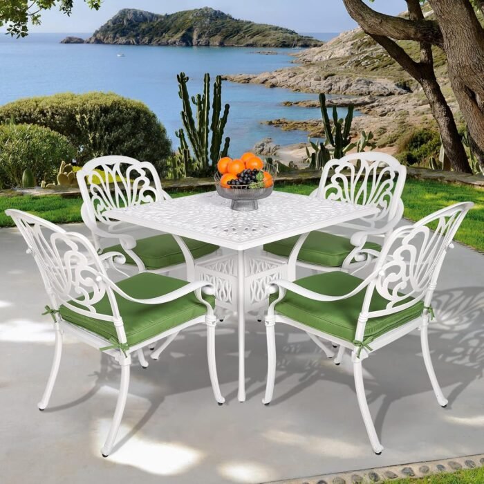 VIVIJASON 5-Piece Patio Furniture Dining Set, All-Weather White Cast Aluminum Outdoor Conversation Set, Include 4 Cushioned Chairs and a 35.4" Square Table w/Umbrella Hole for Balcony Lawn Garden - Image 7