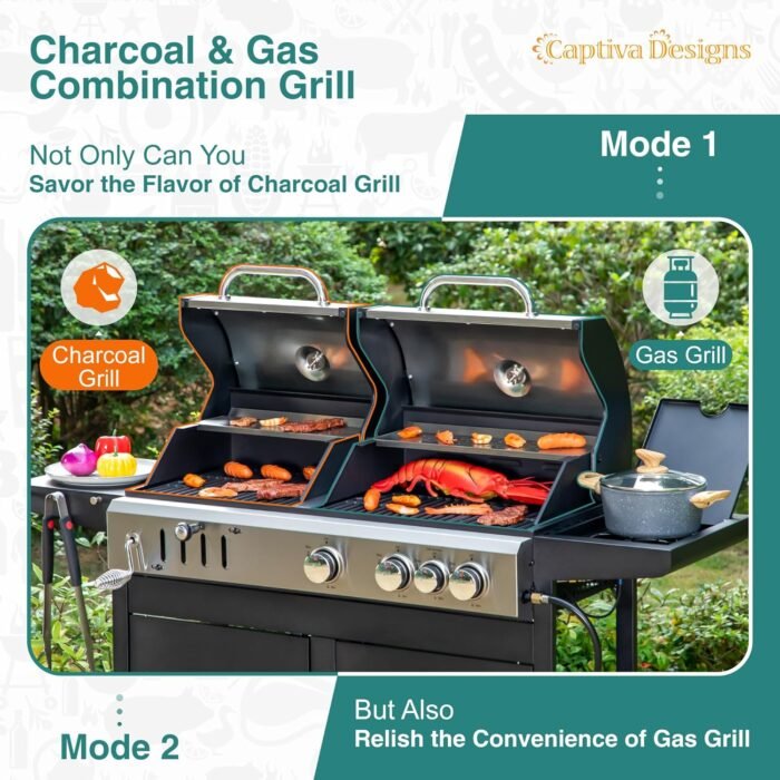Captiva Designs Propane Gas Grill and Charcoal Grill Combo with Side Burner & Porcelain-Enameled Cast Iron Grate, Dual Fuel BBQ Grill for Outdoor Events & Backyard Barbecue, 690 SQIN Cooking Area - Image 2