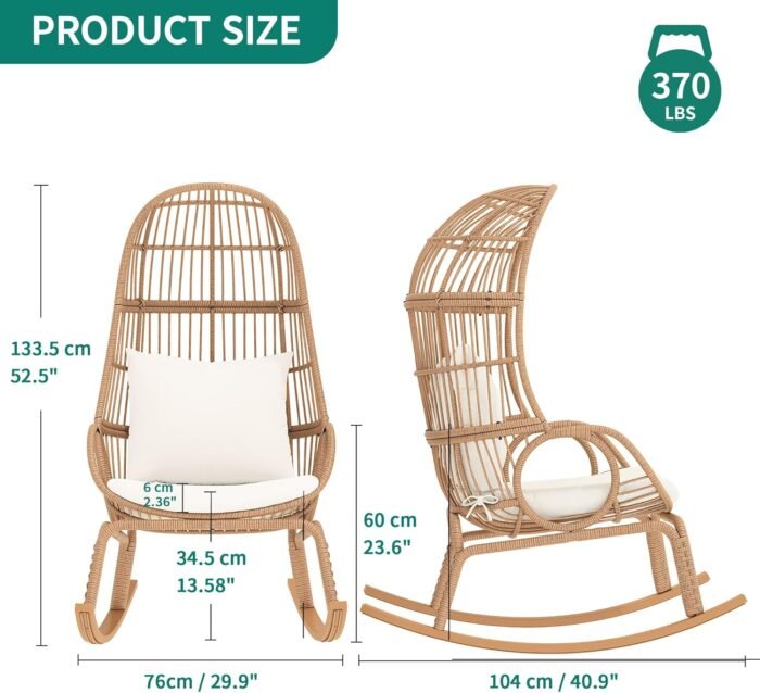 YITAHOME Rocking Egg Chair Outdoor, 370lbs Capacity Wicker Patio Basket Chair, All-Weather Small Egg Lounger Chair for Indoor Outside (Beige) - Image 3
