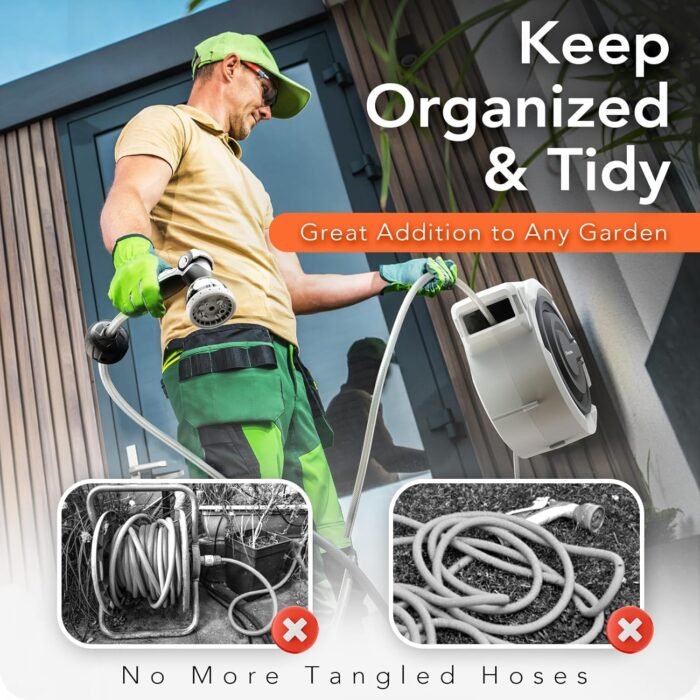 150 FT x 1/2" Retractable Garden Hose Reel by HOZEREEL, Outdoor Garden Hose Reels - Automatic Self Retract Wall Mount Hose Reel Enclosed Storage, Any Length Lock, 10 Pattern Nozzle-Grey - Image 5