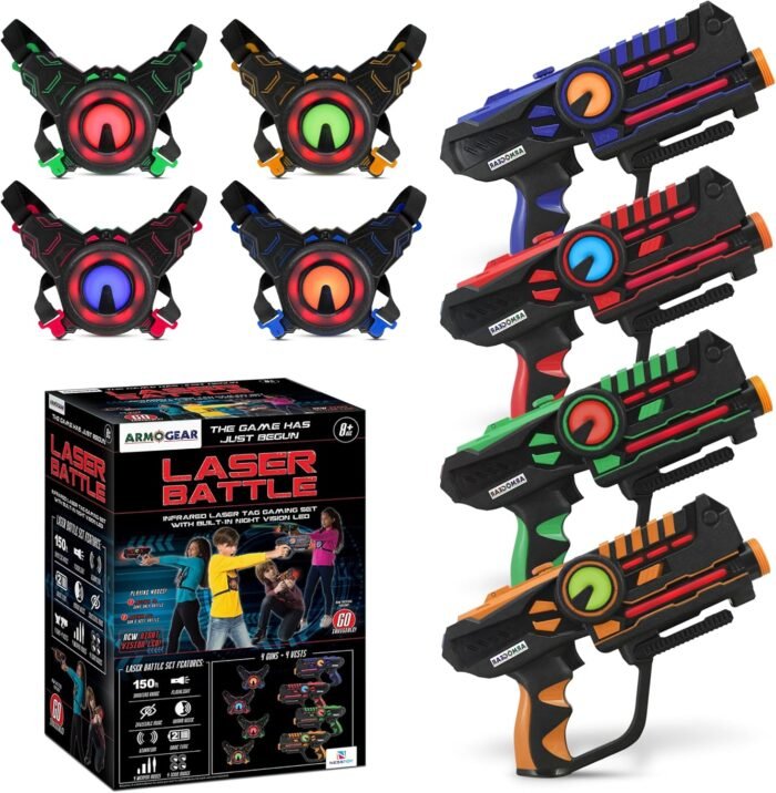 ArmoGear Laser Tag Guns - Set of 4 Rechargeable Kids Toys with Vests - Indoor and Outdoor Multiplayer Laser Tag Set for Kids, Teens, and Adults - Long Range 150 ft - Kids Games for Ages 8 and Up