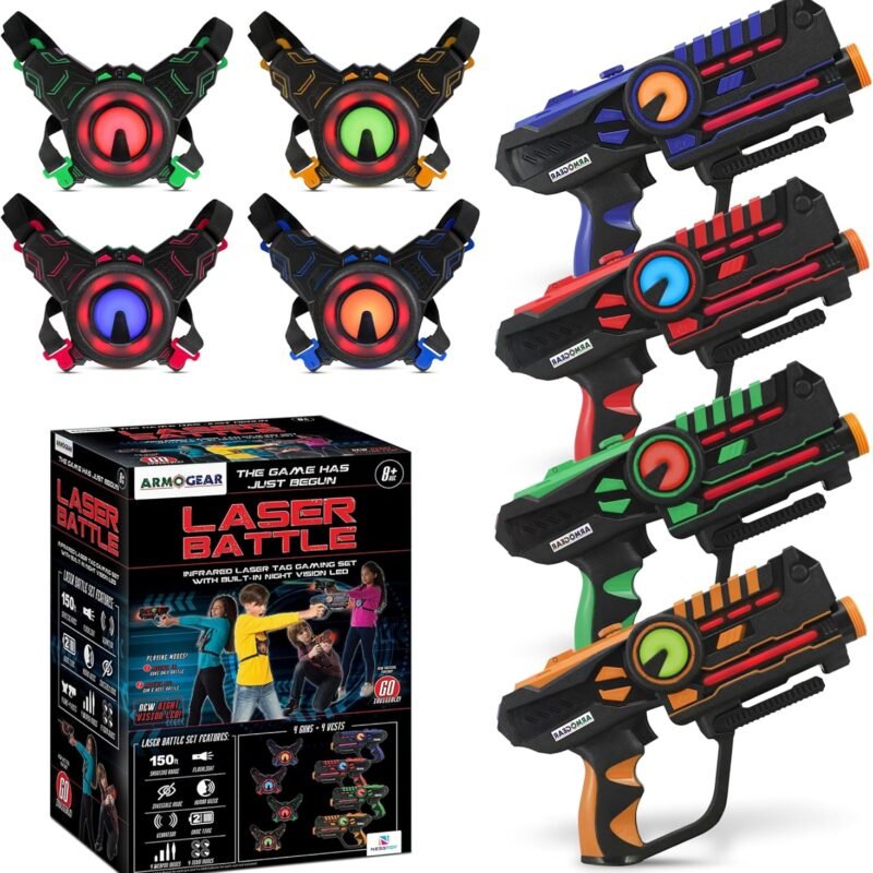 ArmoGear Laser Tag Guns - Set of 4 Rechargeable Kids Toys with Vests - Indoor and Outdoor Multiplayer Laser Tag Set for Kids, Teens, and Adults - Long Range 150 ft - Kids Games for Ages 8 and Up