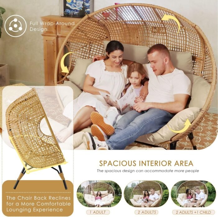 NICESOUL® Double Egg Chair Indoor Outdoor Stationary Oversized Thicken Padded Cushions,2 Person Egg Loveseat Chair,680 lbs Extra Large Lounge Chair for Patio Balcony Porch Backyard Beige, Xmas Gift - Image 6