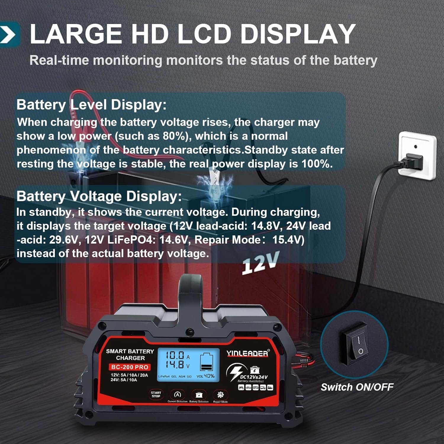 Battery Charger 20A, 12V/24V Lead-Acid Battery, 12V LiFePO4 Car Battery Trickle Charger, Automatic Battery Maintainer for Car Motorcycle Lawn Mower Marine Boat Lead Acid Batteries - Image 3