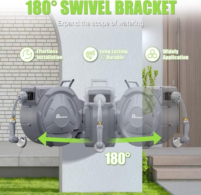 1/2" x 150 ft Retractable Hose Reel, Heavy Duty Retractable Garden Hose Reel Wall Mounted with 10-Pattern Hose Nozzle/Any Length Lock/Slow Return System/180°Swivel Bracket - Image 4