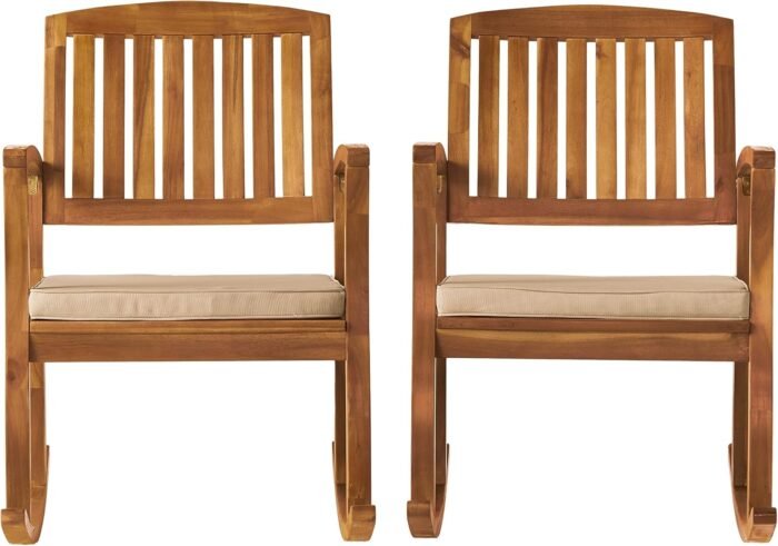 Christopher Knight Home Selma Acacia Rocking Chairs with Cushions, 2-Pcs Set, Teak Finish