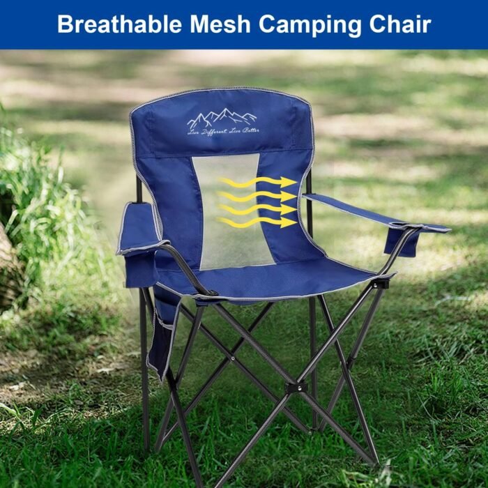 2PCS Collapsible Folding Camping Chairs Heavy Duty Lawn Foldable Chair with Cooler Bag, Storage Pocket, Waterproof Bag Outdoor Arm Sport Chair, Supports 325LBS, Blue - Image 5