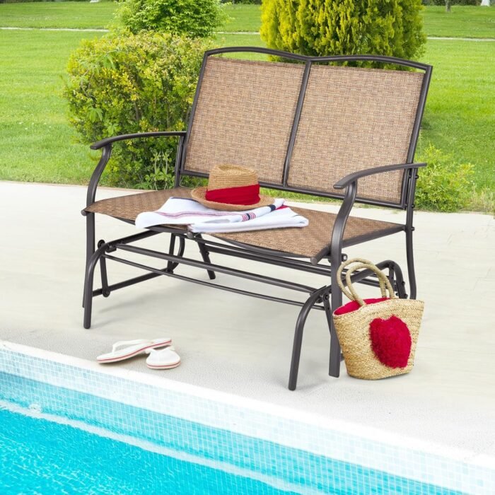 Tangkula 2-Person Patio Glider Bench, Outdoor Rocker Glider Loveseat Chair W/Heavy-Duty Steel Frame, Breathable Seat Fabric, Rocking Lounge Chair for Poolside, Garden, Backyard (Brown) - Image 2