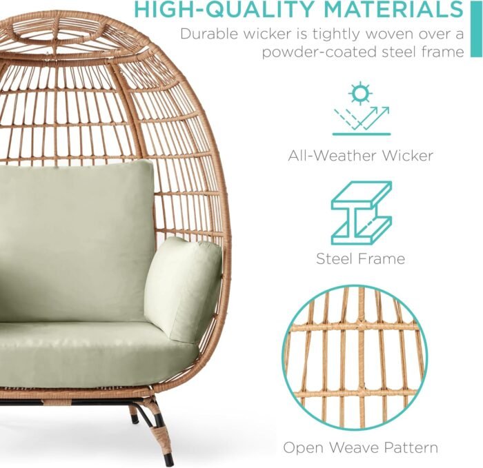 Best Choice Products Wicker Egg Chair, Oversized Indoor Outdoor Lounger for Patio, Backyard, Living Room w/ 4 Cushions, Steel Frame, 440lb Capacity - Sage - Image 6