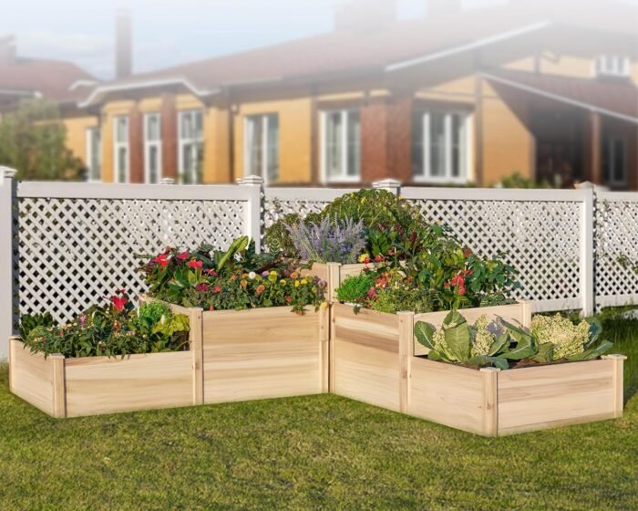 Amerlife Raised Garden Bed Outdoor Gardening, 3-Tier Wood Planter Box with Cedar Leg, Baseboard and Leakage Hole, Large Garden Box Assembled Without Tools, Ideal for Vegetables, Herbs, Flowers