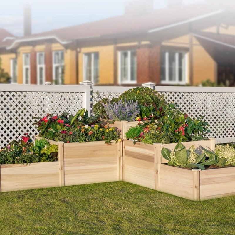 Amerlife Raised Garden Bed Outdoor Gardening, 3-Tier Wood Planter Box with Cedar Leg, Baseboard and Leakage Hole, Large Garden Box Assembled Without Tools, Ideal for Vegetables, Herbs, Flowers