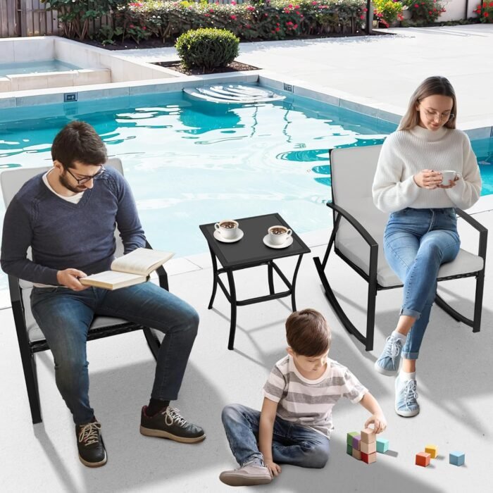 Shintenchi Outdoor 3 Piece Rocking Bistro Set, Wicker Patio Outdoor Furniture Porch Chairs Conversation Sets with Glass-Top Coffee Table for Backyard Porch Poolside Lawn, Garden,Gray - Image 6