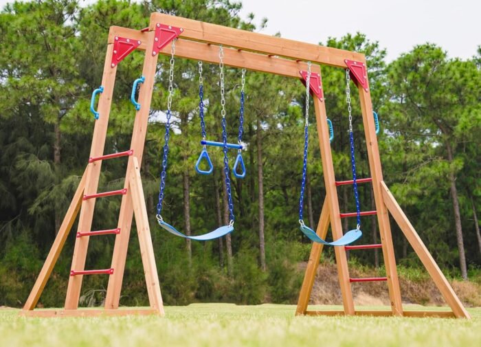 Dolphin Playground Wood Swing Sets for Backyard with Monkey Bar, Kids Outdoor Play Equipment, Outdoor Playset for Kids with Trapeze Swing Bar and 2 Belt Swings, Heavy Duty Playground Accessories - Image 2