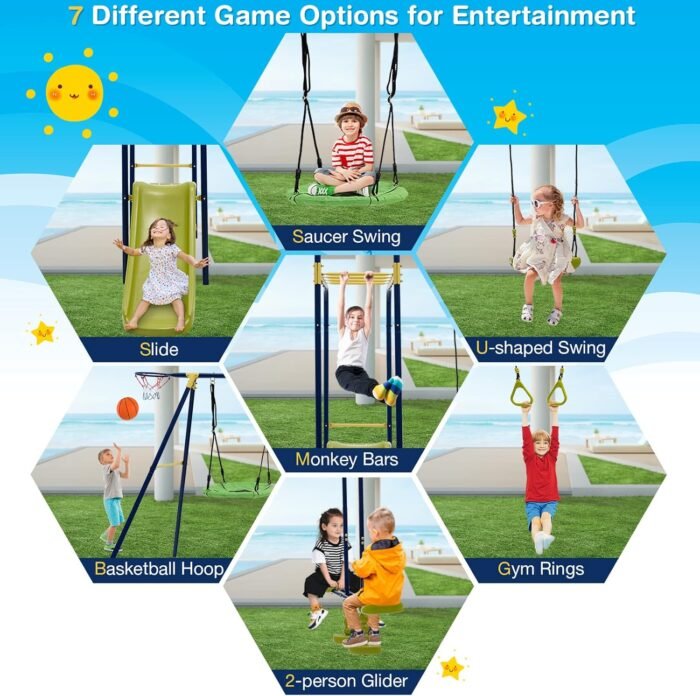 GLACER 7-in-1 Kids Swing Set w/ 2 Swings, Slide, Fun Glider, Gym Rings, Monkey Bars, Basketball Hoop, 660 LBS Swing Set for Kids, Heavy Duty Play Set for Backyard, Garden, Park - Image 3