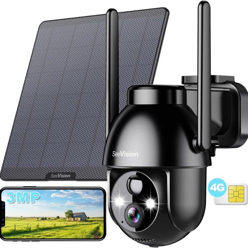 4G LTE Cellular Solar Security Cameras Wireless Outdoor, Solar Powered 3MP Camera 2K No WiFi Security Camera, PIR Motion Detection,Siren,Color Night Vision, SD/Cloud Storage (SIM Card Included)