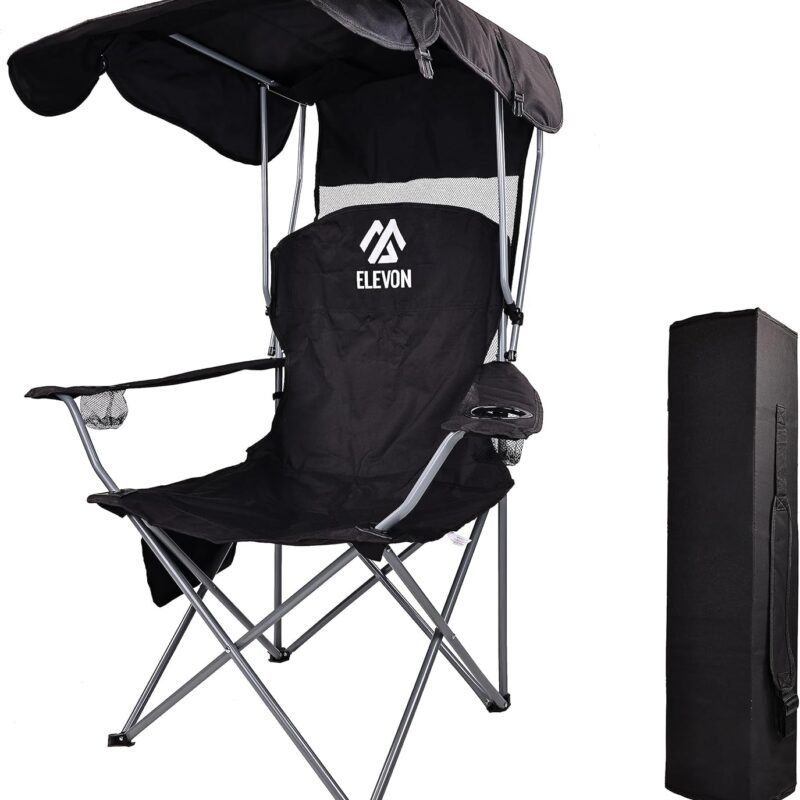 Elevon Camp Chairs with Shade Canopy Chair Folding Camping Recliner Support with Carrying Bag, Black