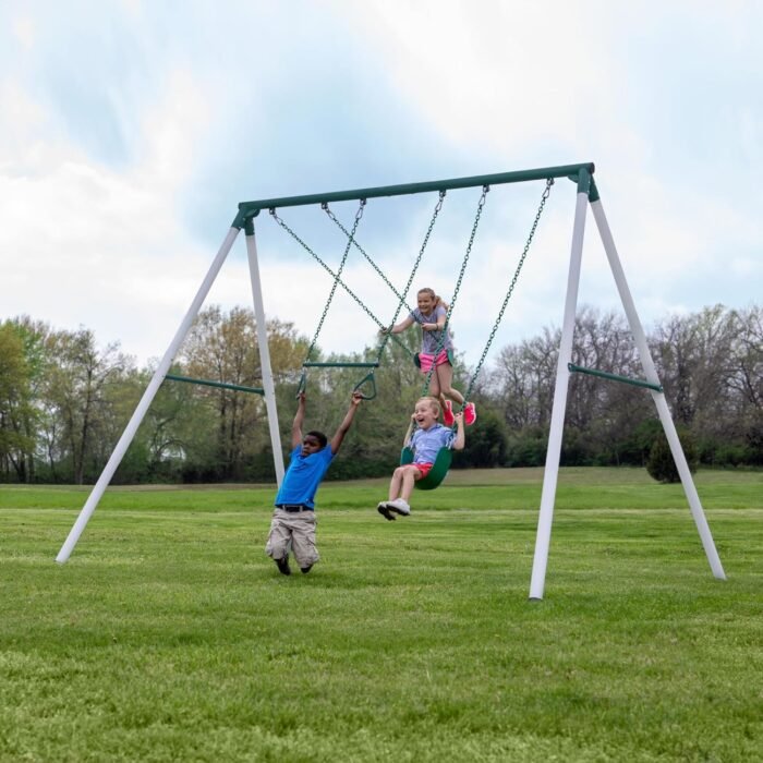 Backyard Discover Big Brutus Metal Swing Set, 10 Ft Tall, 2 Belt Swings, Trapeze Bar, Heavy Duty, Thick, Powder Coated Steel, Weather Resistant, Easy to Assemble - Image 2