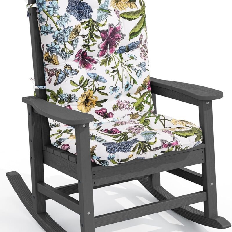 SERWALL SEWALL Oversized Outdoor Rocking Chair Set of 2, HDPE Rocking Chair with Cushion, Patio Rocking Chairs for Porch, Gray Chair+Flower Cushion