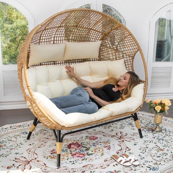 NICESOUL® Double Egg Chair Indoor Outdoor Stationary Oversized Thicken Padded Cushions,2 Person Egg Loveseat Chair,680 lbs Extra Large Lounge Chair for Patio Balcony Porch Backyard Beige, Xmas Gift - Image 3
