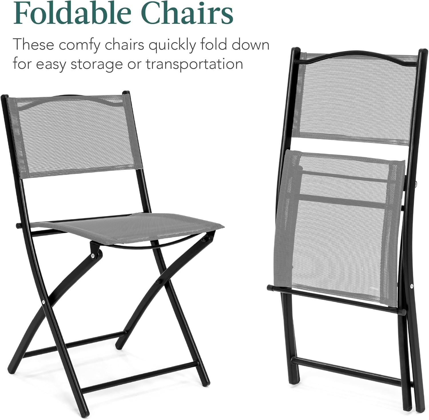 Best Choice Products 3-Piece Patio Bistro Dining Furniture Set w/Glass Tabletop, 2 Folding Chairs, Steel Frame, Polyester Fabric - Gray - Image 3