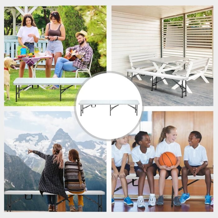 6ft Plastic Folding Bench(2 Pack), Portable Outdoor Bench with Handle & Non-Slip Mat, Waterproof Park Bench for Garden, Picnic Camping Dining Party Soccer Field, Sturdy Metal Frame - Image 7