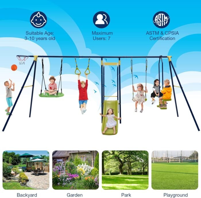 GLACER 7-in-1 Kids Swing Set w/ 2 Swings, Slide, Fun Glider, Gym Rings, Monkey Bars, Basketball Hoop, 660 LBS Swing Set for Kids, Heavy Duty Play Set for Backyard, Garden, Park - Image 6
