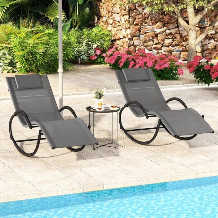 Tangkula Rocking Lounge Chair Outdoor, Zero Gravity Chaise Lounger with Removable Headrest, Fabric Backrest & Seat, Patio Reclining Rocker for Yard, Poolside, Lawn, Garden (1, Grey) - Image 4