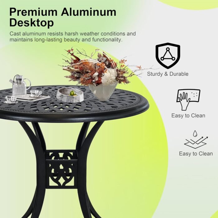30.3" Patio Bistro Table Cast Aluminum Patio Table,Metal Patio Dining Table with Umbrella Hole,All Weather Outdoor Bistro Dining Table for Backyard, Garden, Balcony, Bronze - Image 5