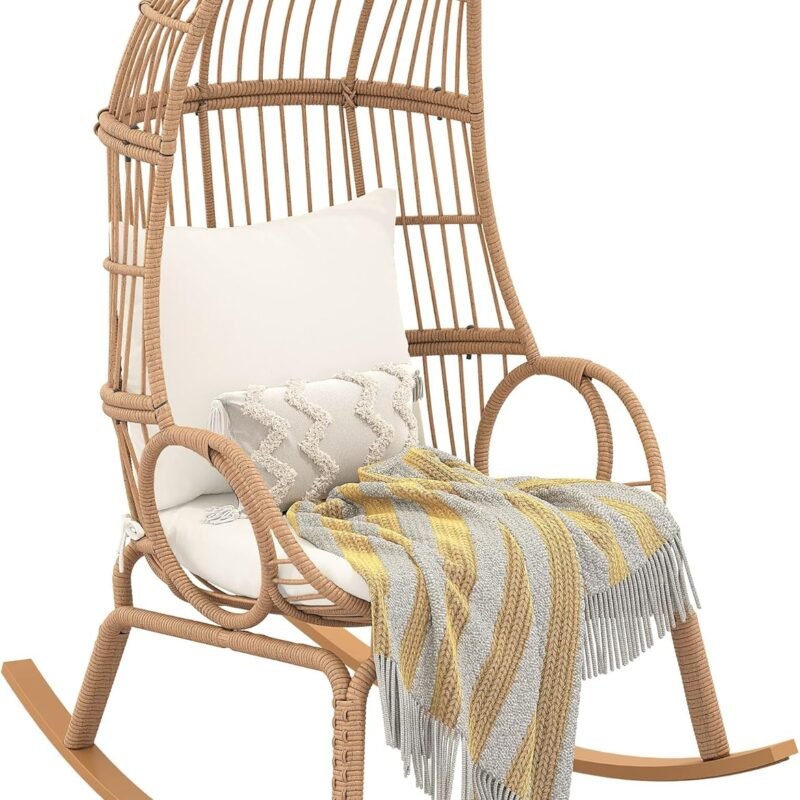 YITAHOME Rocking Egg Chair Outdoor, 370lbs Capacity Wicker Patio Basket Chair, All-Weather Small Egg Lounger Chair for Indoor Outside (Beige)