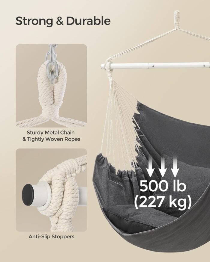 SONGMICS Hammock Chair, Load Capacity 500 lb, Hanging Chair with 2 Cushions, Large Hammock Swing with Chain and Pocket, for Indoor, Outdoor, Living Room, Bedroom, Slate Gray UGDC197G02 - Image 4