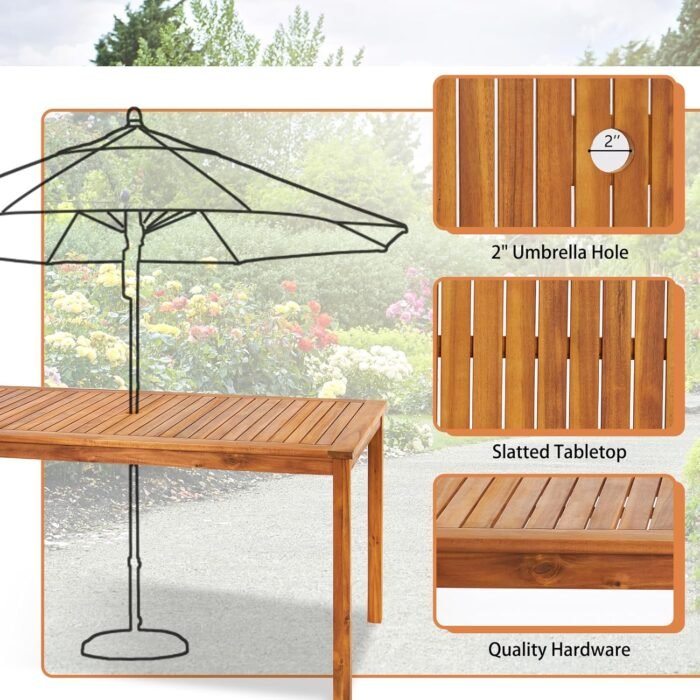 VINGLI Outdoor Dining Table, 57" Acacia Wood Rectangular Table with Umbrella Hole for Deck, Backyard, Lawn, Garden, Indoor - Image 6