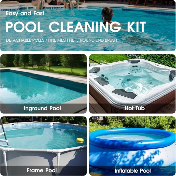 3PCS Pool Cleaning Kit - 12.5'' Pool Brush with Round End & 11'' Pool Skimmer Net Fine Mesh & 5.7 Feet Thick Aluminum Pole 5-Segment, for Above Ground & Inground Pools Ponds - Image 7