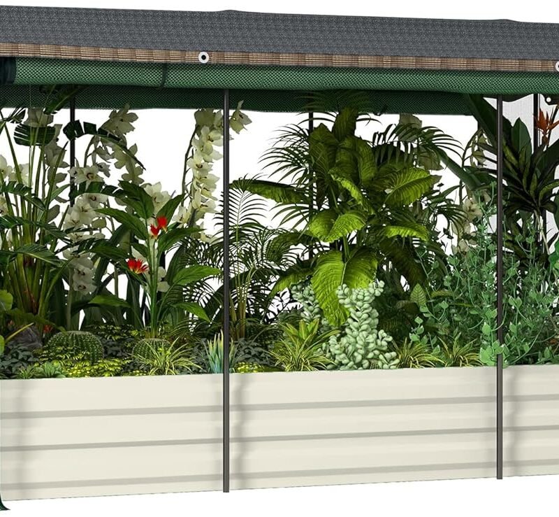 Outsunny 7.3 x 3.4 x 1 ft Galvanized Raised Garden Bed with Crop Cage Plant Protection Net and Shade Cloth Roof, Metal Planter Box with Cover for Vegetables, Flowers, Herbs, Beige
