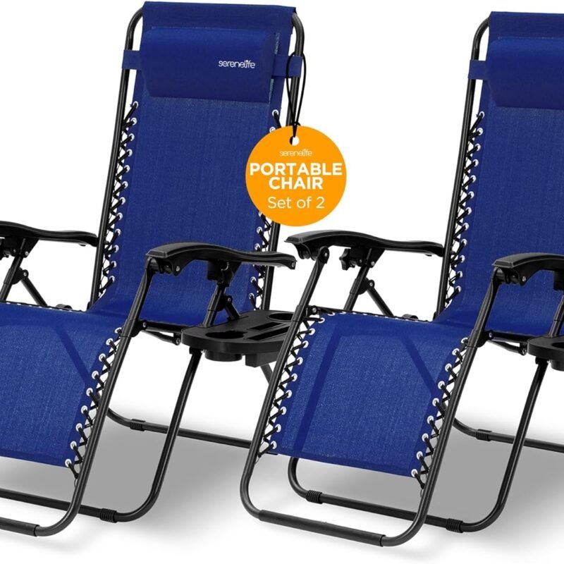 SereneLife Zero Gravity Chairs Set of 2 - Adjustable Steel Mesh Lawn Chairs - Outdoor Lounge Chairs with Detachable Cup Holder Tray - Foldable Outdoor Chair with Removable Pillows - Blue