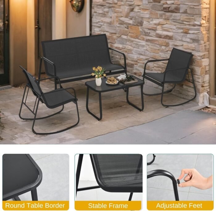 DWVO 4-Piece Patio Furniture Set, Textilene Conversation Set with 2 Rocking Chairs and Tempered Glass Coffee Table, Perfect for Indoor Patio Lawn Garden Poolside, Black - Image 4