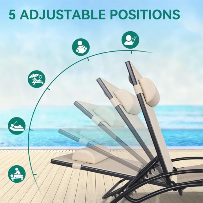 YITAHOME Outdoor Chaise Lounge Chair Set of 3, Pool Lounge Chairs with Side Table & 5-Position Adjustable Backrest, Sunbathing Recliner for Poolside, Backyard, Lawn, Deck - Khaki - Image 3