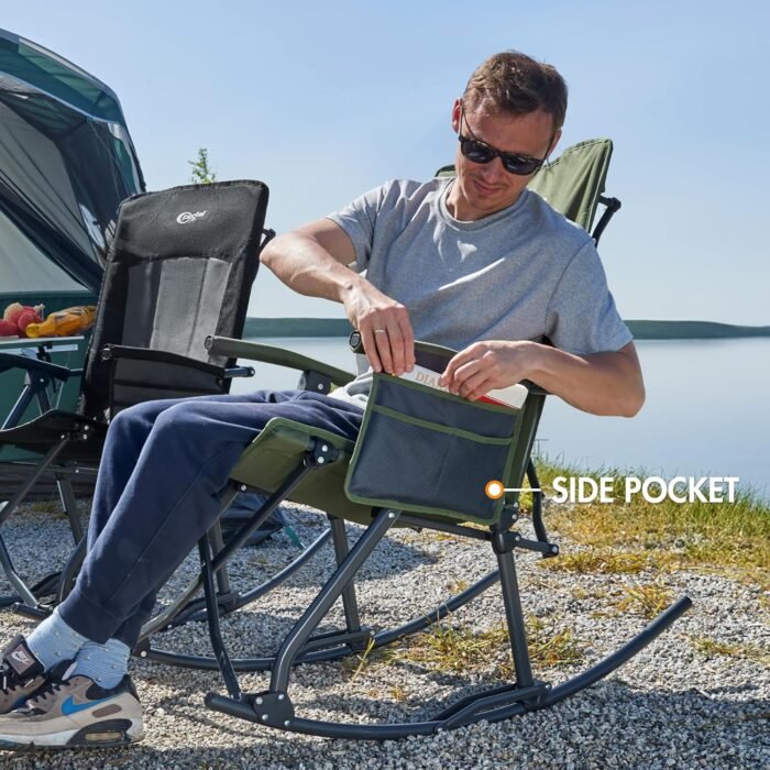 PORTAL Oversized Folding Rocking Camping Chair High Back Outdoor Rocker Portable for Outside Lawn Patio Travel Garden, Supports 400 lbs, Padded Back, Green Grey - Image 5