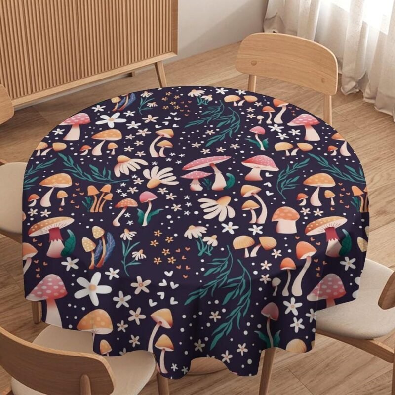 Retro Mushroom Tablecloth, Cartoon Forest Mushroom Florals Leaves Woodland Garden Table Cloth for Kitchen Dining Coffee Table Outdoor Party Decor, 50x50in