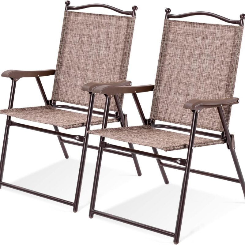 Tangkula Set of 2 Patio Folding Dining Chairs, Outdoor Sling Lawn Chairs with Armrests, Steel Frame, Portable Camping Lounge Chairs for Backyard, Deck, Poolside and Garden, No Assembly (1, Brown)