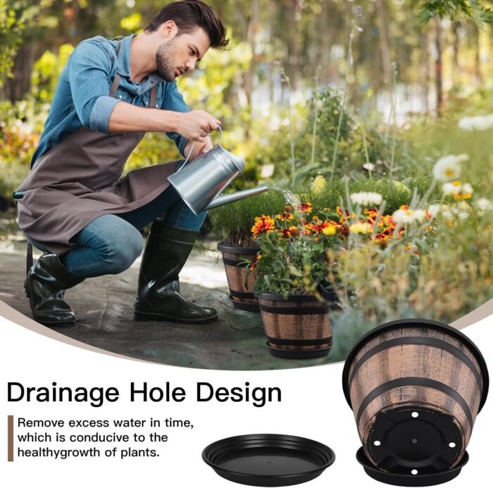 Quarut Plant Pots Set of 4 Pack 12 inch,Large Whiskey Barrel Planters with Drainage Holes & Saucer.Plastic Flower Pots Imitation Wine Barrel Design, for Indoor & Outdoor Garden Home Plants (Brown) - Image 3