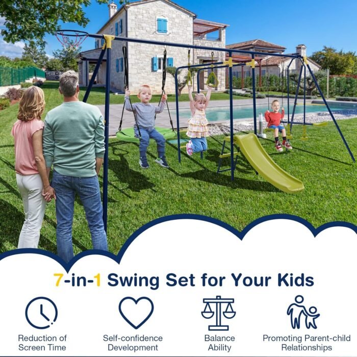 GLACER 7-in-1 Kids Swing Set w/ 2 Swings, Slide, Fun Glider, Gym Rings, Monkey Bars, Basketball Hoop, 660 LBS Swing Set for Kids, Heavy Duty Play Set for Backyard, Garden, Park - Image 2