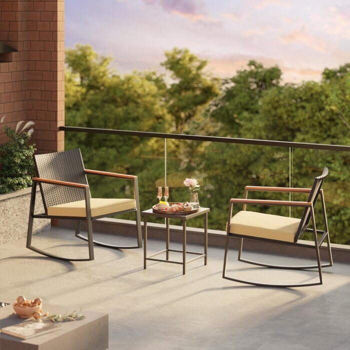 Gizoon 3 Pieces Rocking Patio Bistro Set with Anti-Scald Armrest, Outdoor Patio Wicker Furniture Set with Glass Table and Cushion for Garden, Yard, Porch - Image 9