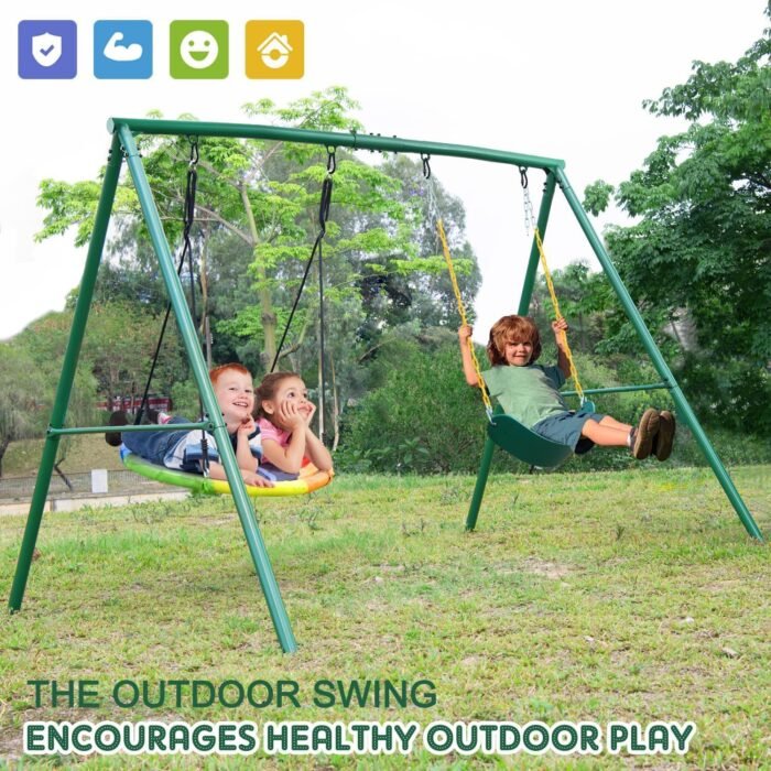 Trekassy 440lbs 2 Seat Swing Sets for Backyard, 1 Saucer Swing and 1 Belt Swing with Heavy Duty Outdoor A-Frame Metal Swing Stand for Playground, Playset - Image 5