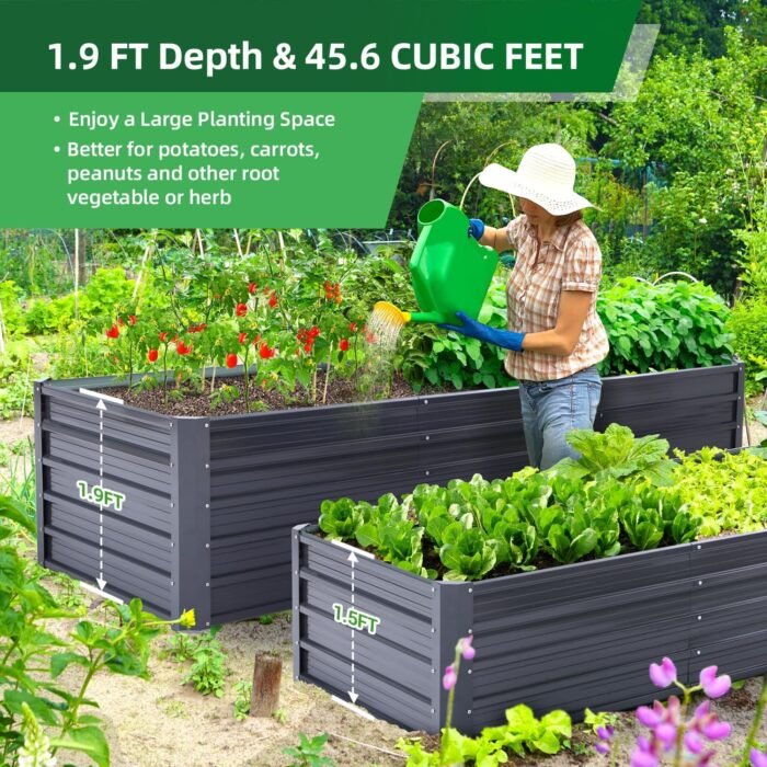 Ohuhu Metal Raised Garden Bed Outdoor 8x3x1.9 FT Reinforced Galvanized Rustproof Colored Steel Planter Boxes for Vegetables, Heavy Duty Raised Beds for Growing Flowers Herbs Succulents - Image 2