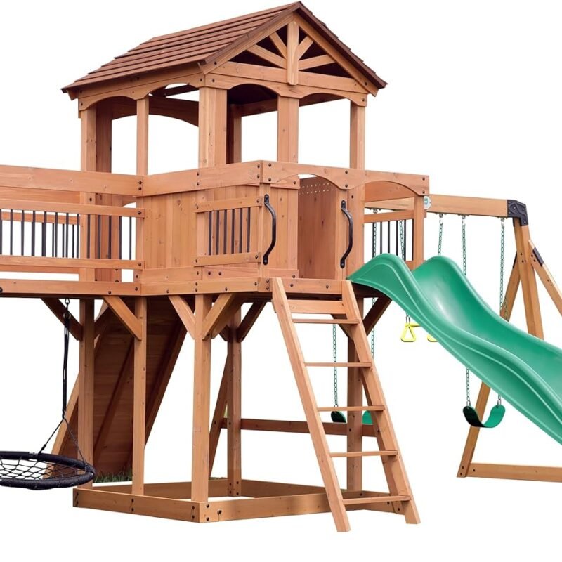 Backyard Discovery Sterling Point All Cedar Wooden Swing Set, Raised Clubhouse, Green Wave Slide, Web Swing, Climbing Wall, 10ft Wave Slide, 2 Belt Swings, Front Porch, Bridge