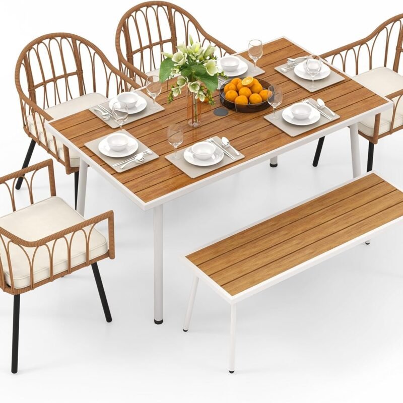 DWVO 6 Pieces Outdoor Dining Set for 6, Patio Table and Chairs Set Dining Bench with Adjustable Feet Wicker Furniture with 2" Umbrella Hole for Backyard Porch Balcony Garden