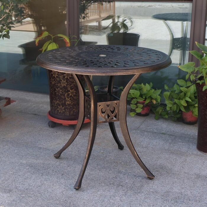 30.3" Patio Bistro Table Cast Aluminum Patio Table,Metal Patio Dining Table with Umbrella Hole,All Weather Outdoor Bistro Dining Table for Backyard, Garden, Balcony, Bronze - Image 2
