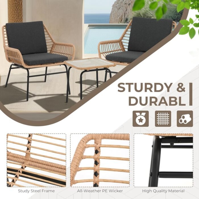 3 Piece Outdoor Patio Furniture Set, Rattan Conversation Sets, All-Weather Wicker Chairs with Cushions and Coffee Table, for Garden Balcony Courtyard Poolside - Image 5