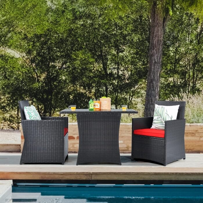 HAPPYGRILL 3-Piece Outdoor Wicker Bistro Set PE Rattan Dining Table Set with Cushioned Chairs, Patio Conversation Set for Backyard Porch Garden and Poolside - Image 4