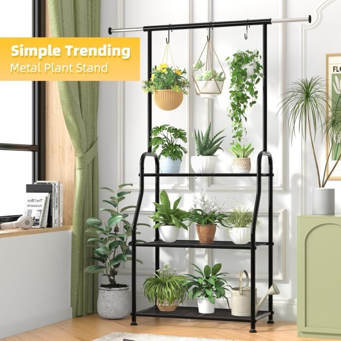Simple Trending Plant Stand Indoor Outdoor, Heavy Duty Metal 3 Tiered Hanging Plant Shelf for Multiple Flower Planter Holder Tall Large Rack for Living Room Garden Balcony, Black - Image 4
